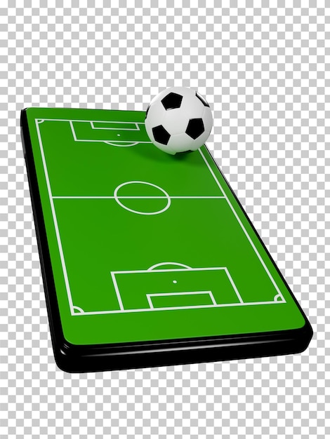 Voetbal online applicatie op smartphone voetbalvelden scherm mobiele telefoon voetbal nieuws concept sport kanaal 3d-rendering