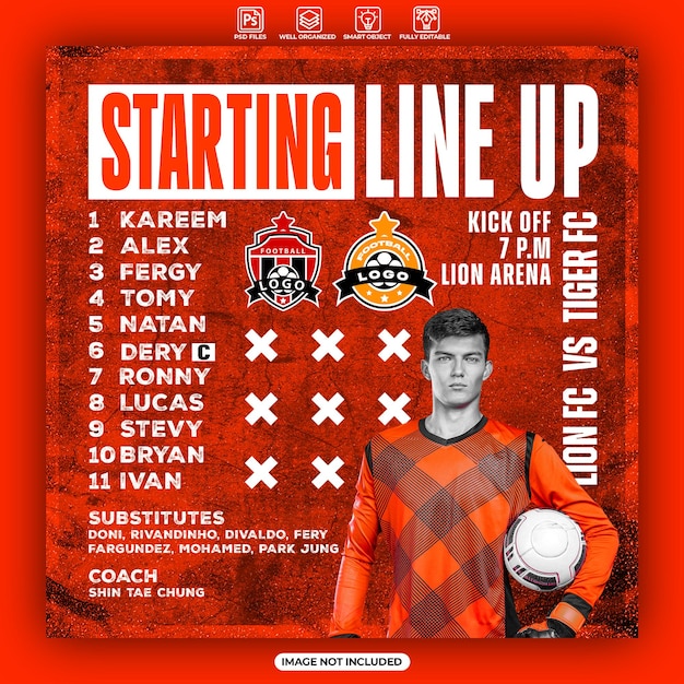 PSD voetbal start lineup sociale media poster sjabloon