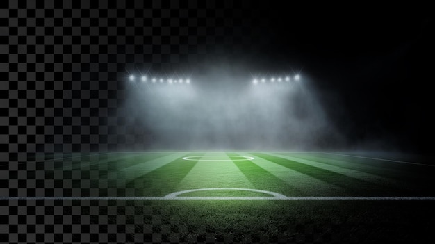 Voetbalveld met schijnwerpers op een doorzichtige achtergrond