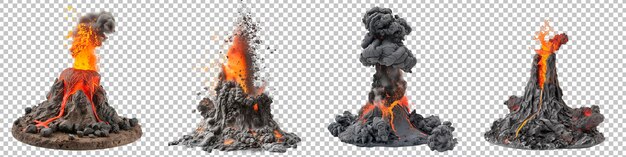 Eruzione vulcanica con lava fusa e penna di cenere isolate su uno sfondo trasparente