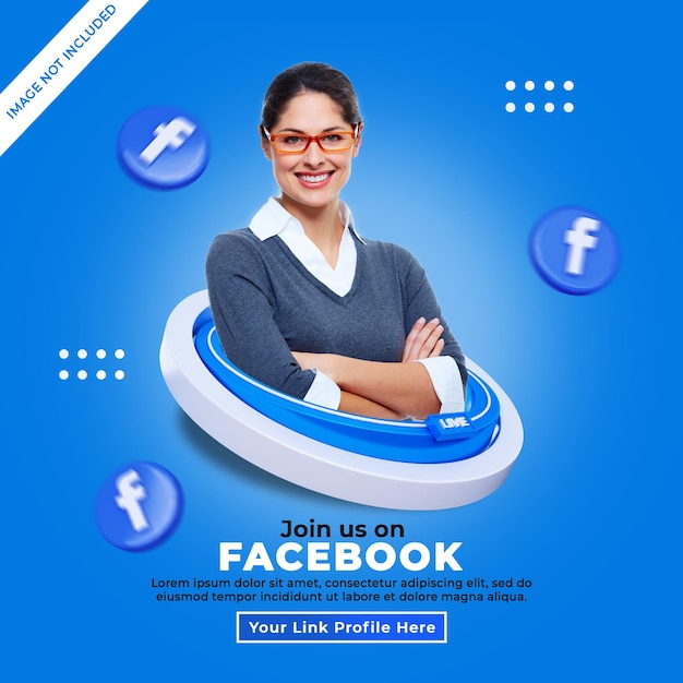 Volg ons op facebook sociale media vierkante banner met 3d-logo en linkprofielvak