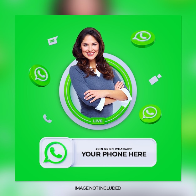 Volg ons op whatsapp social media vierkante banner met 3d-logo en linkprofielvak