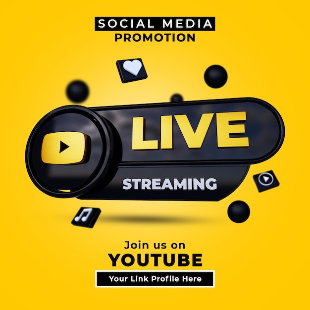 Volg ons op youtube live streaming social media-banner met 3d-logo en linkprofiel