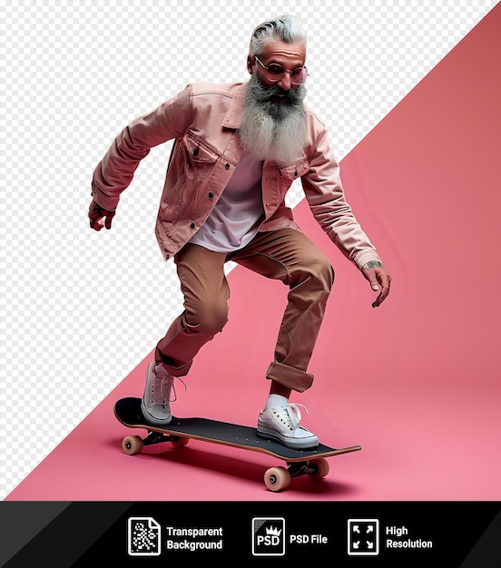 PSD volledig portret van een vrolijke stijlvolle grijsharige baarde skateboarder die het bord met één voet duwt met een bruine jas wit en grijs shirt en bruin png