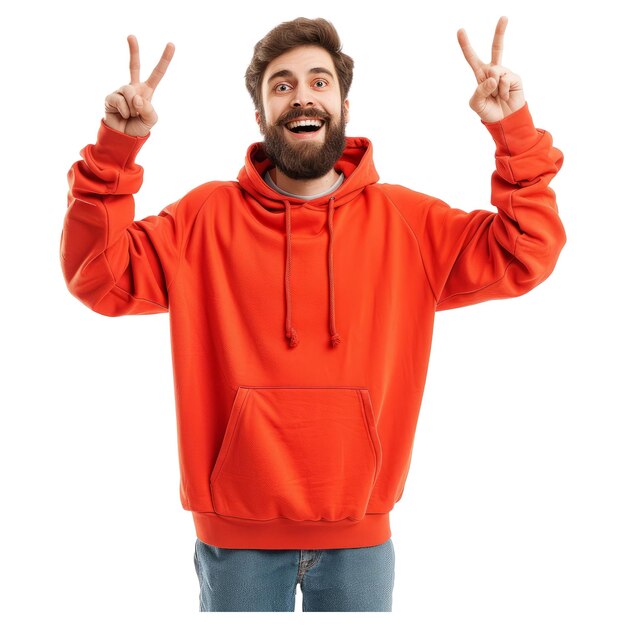 PSD vollengte jonge blanke gelukkige baarde in casual rode oranje hoodie stand