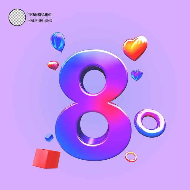 Volumetric Glossy Blue and Pink Number 8 Isolated Graphic Shapes on Gradient Background 3D Rendered