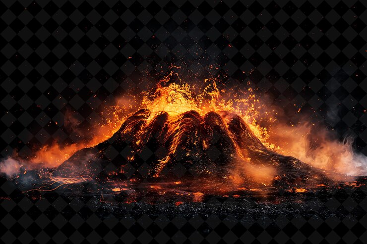 PSD 火山爆發,火焰燃燒,灰雲和火山 png 霓虹效應在黑暗的背景下