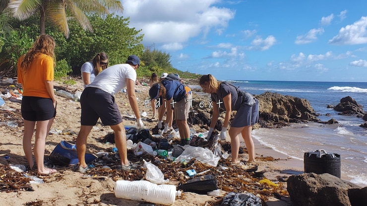 PSD volunteers cleaning plastic waste on a tropical beach
