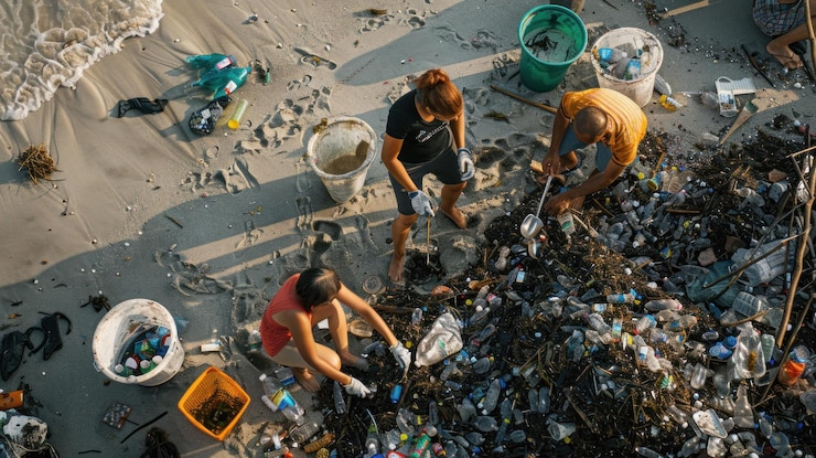 PSD volunteers cleaning up plastic waste on a beach