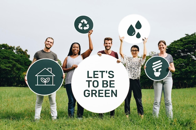 volunteers holding environment signs mockup psd