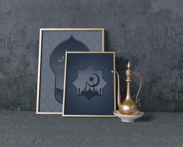 Vooraanzicht traditionele ramadan regeling met frames mock-up