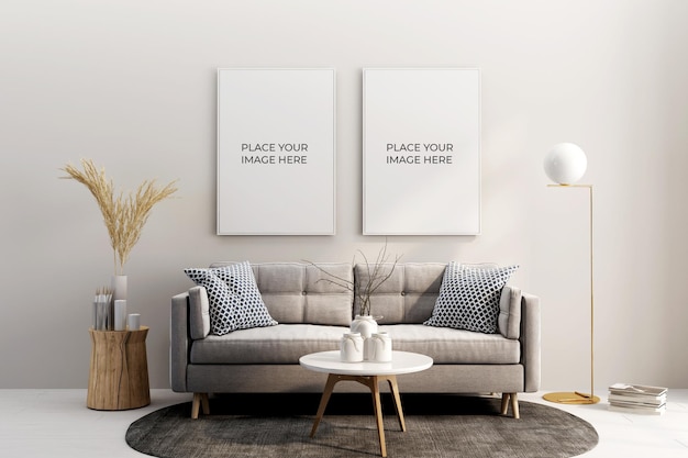 vooraanzicht van frames en sofa mockup-ontwerp in 3d