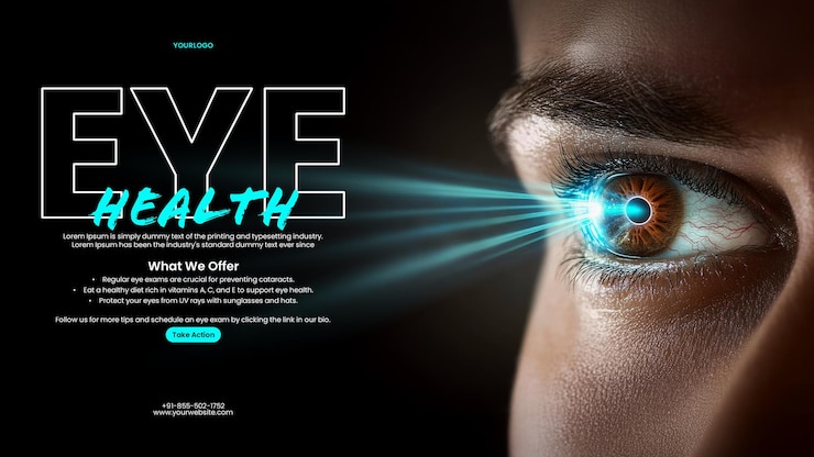 PSD voorbeeld van een banner voor oogchirurgie met een close-up van een oog met futuristische laserstralen die er doorheen schijnen