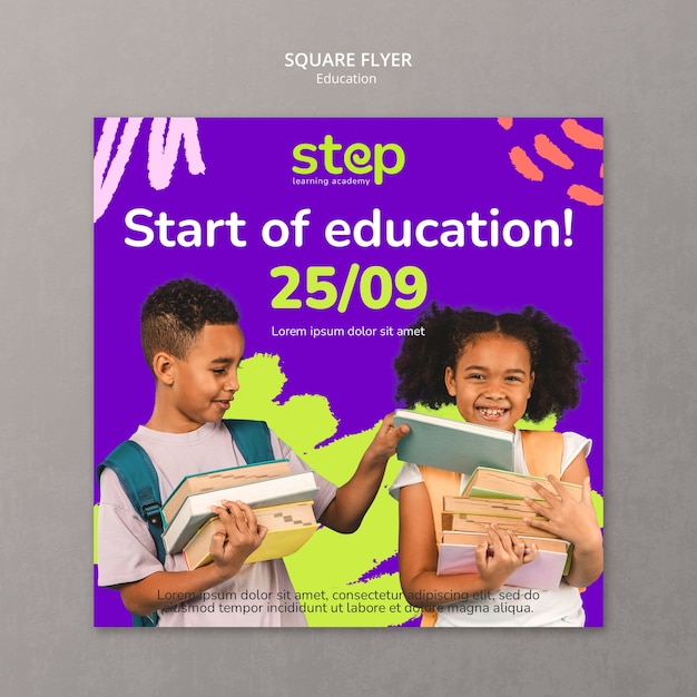 Voorbeeld van een vierkante flyer over het onderwijsconcept