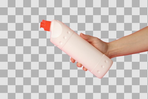 Voorjaarsreinigingsfles met huishoudelijke chemicaliën in de hand geïsoleerd op witte achtergrond PNG