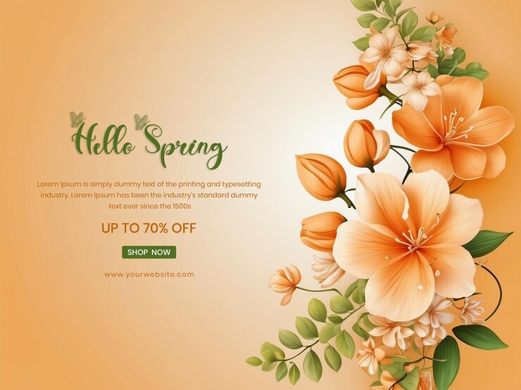 Voorjaarsverkoop bloemenbanner decoratie sjabloon op een oranje achtergrond