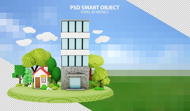 집과 사무실 건물의 복셀 3d 모델 픽셀화 배경의 PSD 스마트 개체