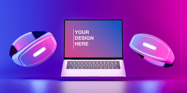 空白の画面を持つラップトップの近くにある VR ヘルメット