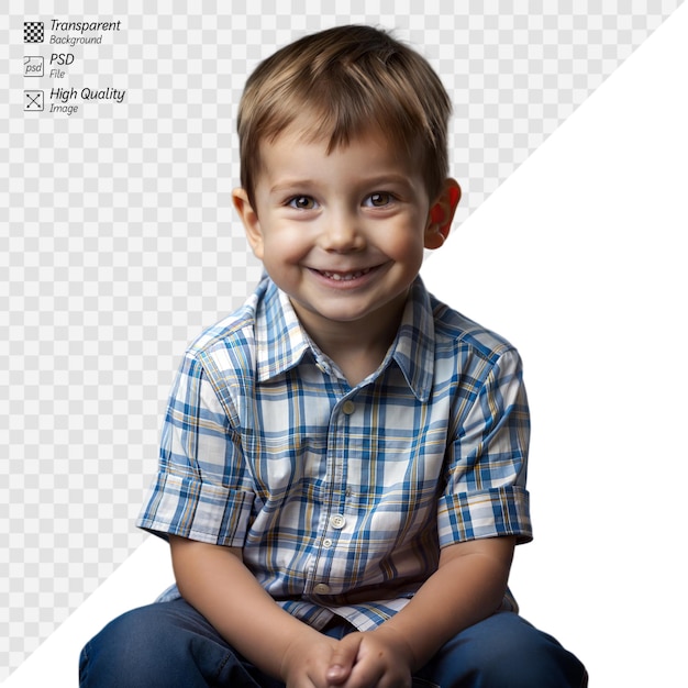 Vreugdevolle jonge jongen die glimlacht in een geruite hemd op een heldere achtergrond