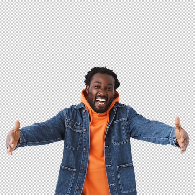 Vriendelijke uitgaande vrolijke afro-amerikaanse man die je een warme knuffel geeft welkom vrienden op halloween feest draag spijkerjasje oranje hoodie spreid handen en ga vooruit om te knuffelen vrolijk glimlachend