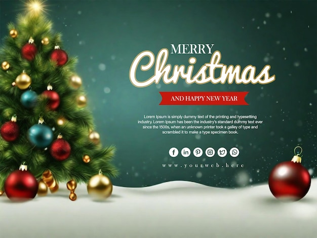 PSD vrolijk kerstfeest en gelukkig nieuwjaar achtergrond met kerstboom en sneeuwvlokken