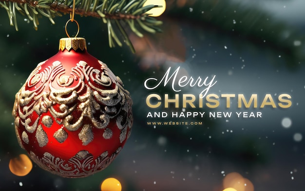 PSD vrolijke kerstmis en gelukkig nieuwjaar tekst sjabloon met een kerstboom en schitterende kerstverlichting