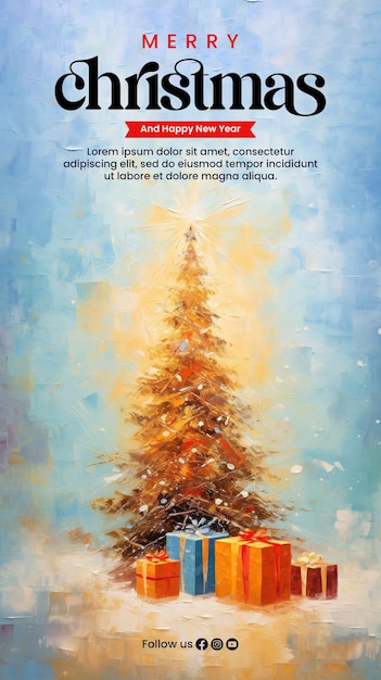 PSD vrolijke kerstposter sjabloon met kerstboom en doos geschenk waterverf stijl