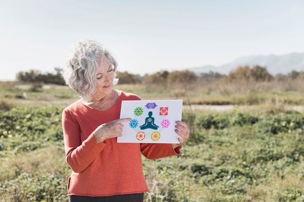 Vrouw die een teken van het meditatiemodel houden