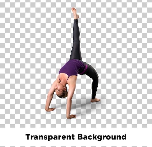 Vrouw die een yoga brug poseert met één been uitgestrekt met een doorzichtige achtergrond