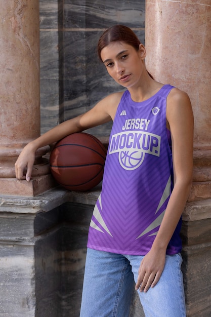 PSD vrouw die het mockup van de basketbaljersey draagt