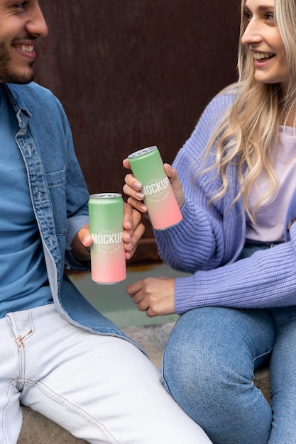 Vrouw en man met een mock-up blik frisdrank