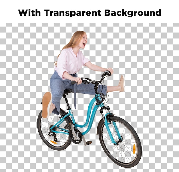 Vrouw geniet van een fietstocht met een doorzichtige achtergrond