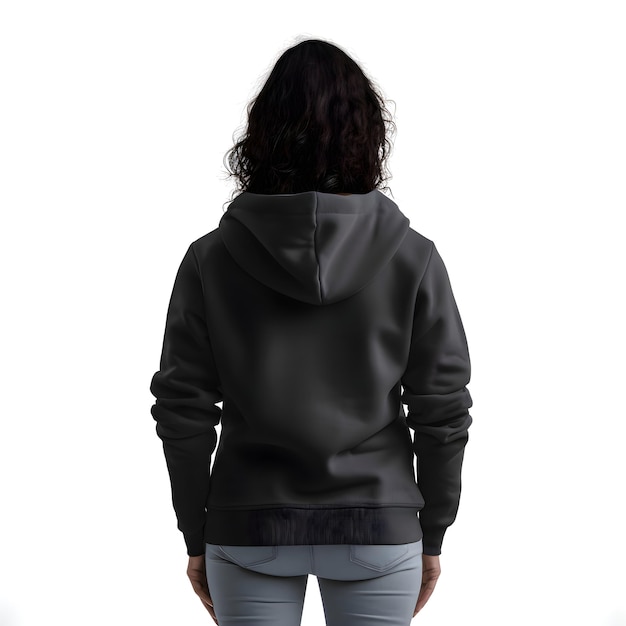 PSD vrouw in een zwarte hoodie op een witte achtergrond