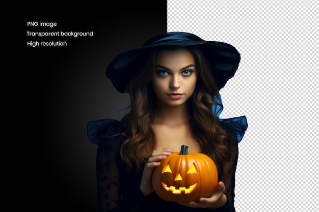 PSD vrouw in halloween-kostuummake-up en met gesneden pompoen