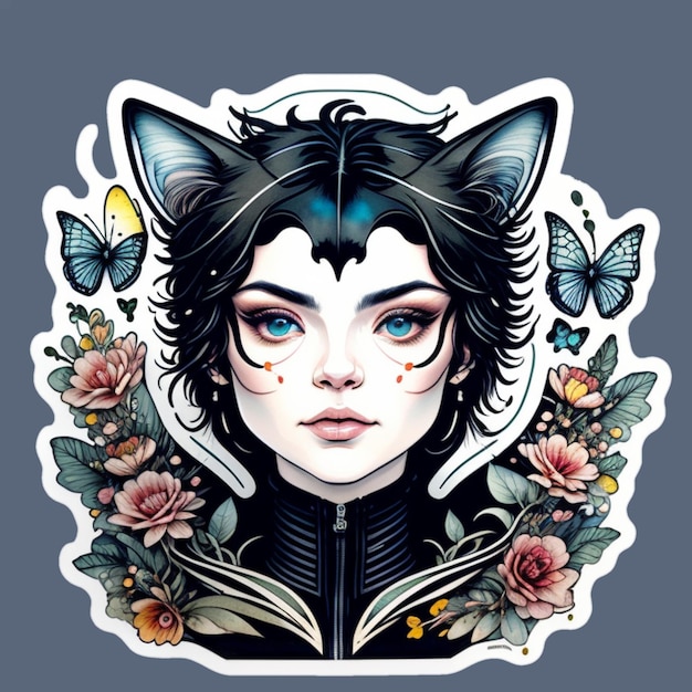 PSD vrouw in kattenoren sticker art chibi kawaii stijl