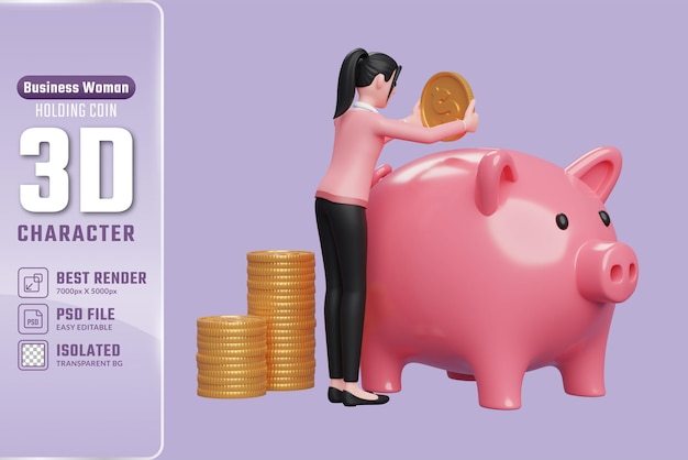 PSD vrouw in roze trui die geld bespaart in spaarvarken 3d illustratie van een zakenvrouw in roze trui met dollarmunt
