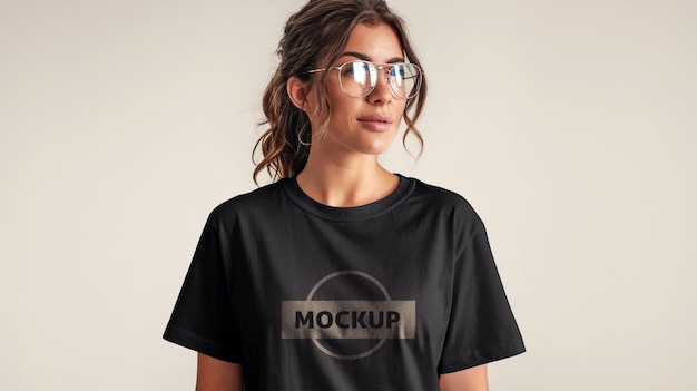 Vrouw in zwart T-shirt mockup