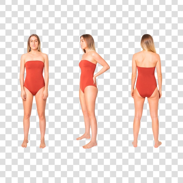 Vrouw in zwembroek png mockup een stuk zomerkleding set