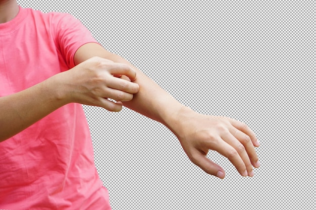 Vrouw krabt arm van jeuk op lichtgrijze achtergrond Oorzaak van jeukende huid is onder meer insectenbeten