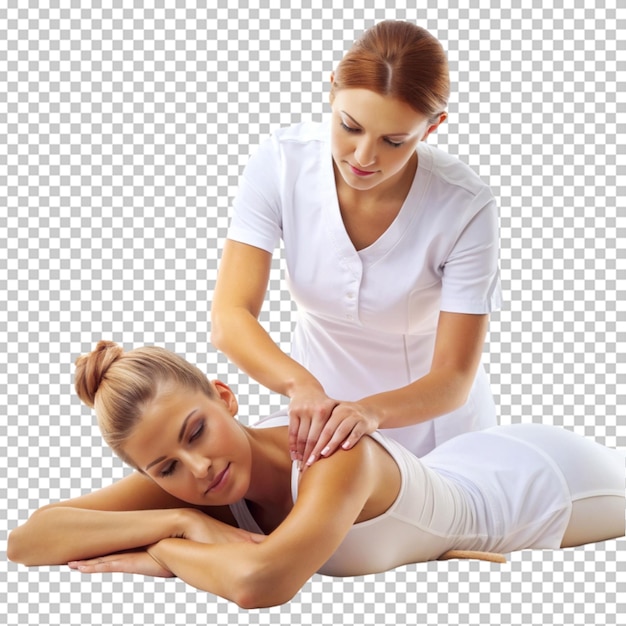 Vrouw krijgt een rugmassage van vrouwelijke nasseur op transparante achtergrond