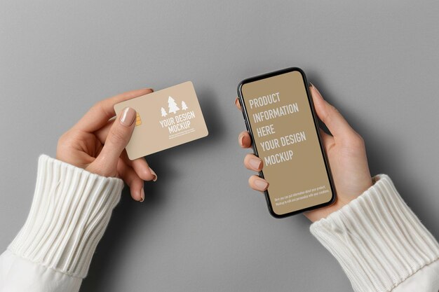 Vrouw met een creditcard mockup en telefoon Generatieve AI