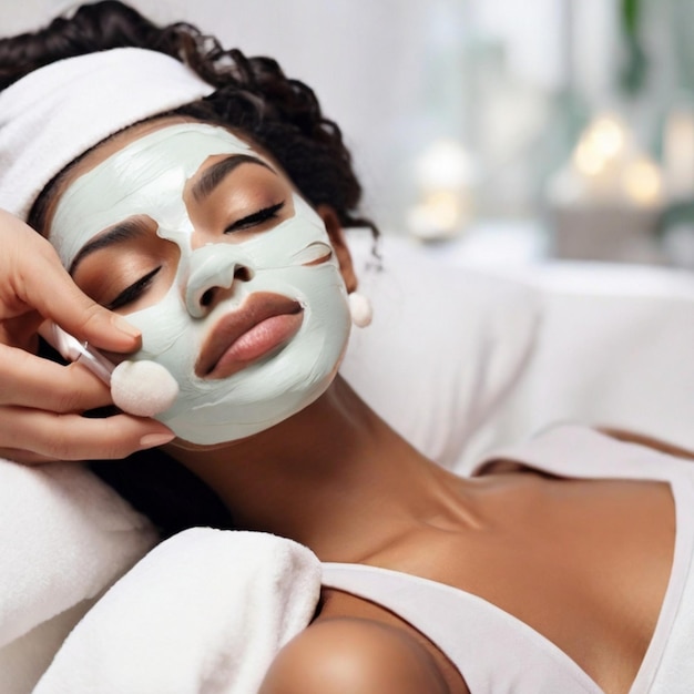 Vrouw met een masker op haar gezicht in een spa.