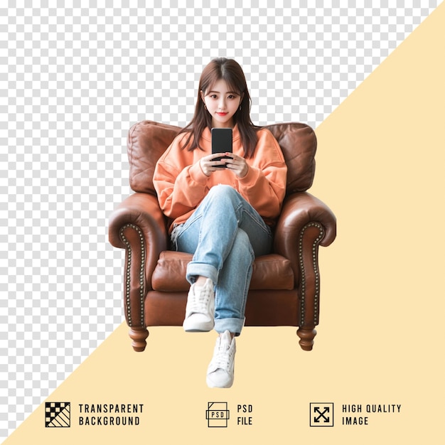 Vrouw met een smartphone in een fauteuil
