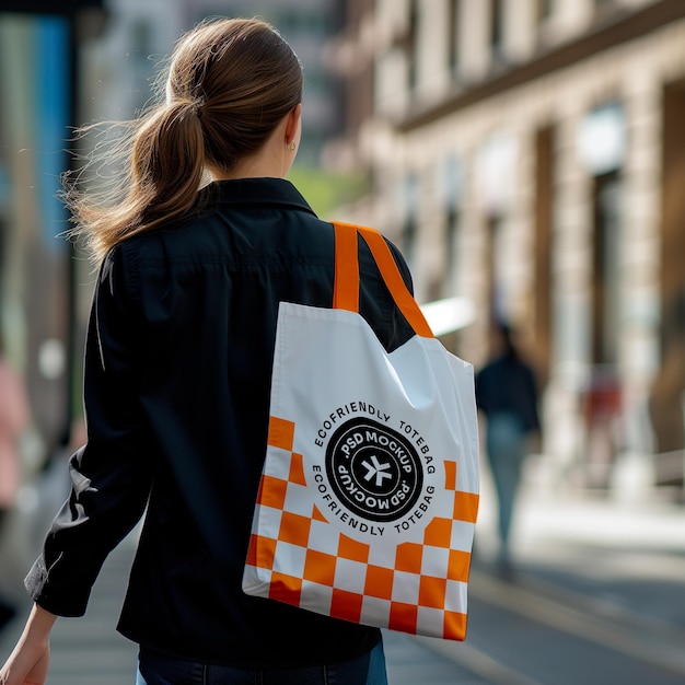 PSD vrouw met een tote-tas op de rug urban mockup