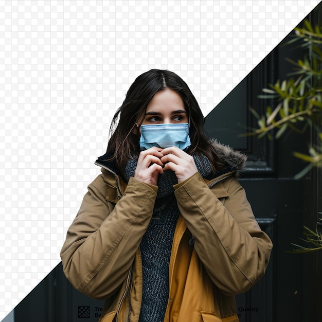 Vrouw met gezichtsmasker bij de voordeur