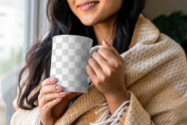 Vrouw met kopje mockup png doorzichtige beker