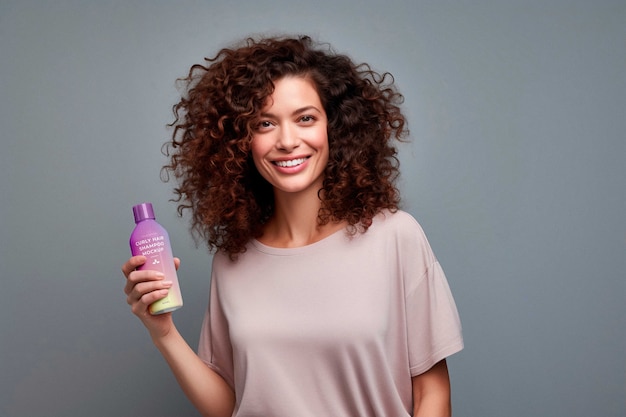 PSD vrouw met krullend haar die een shampoo-model vasthoudt