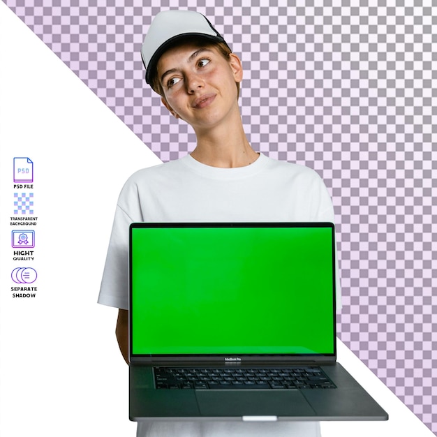 Vrouw met laptop met groen scherm