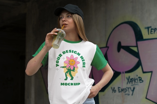 Vrouw met logo op het mockup-ontwerp van het t-shirt aan de voorkant