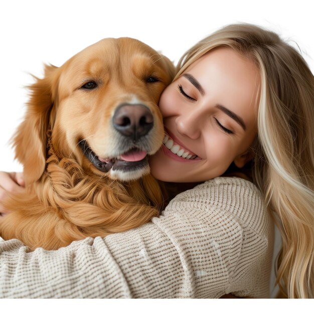 Vrouw met retriever draagt casual kleding knuffel knuffel hond gesloten ogen zorg voor huisdier concept